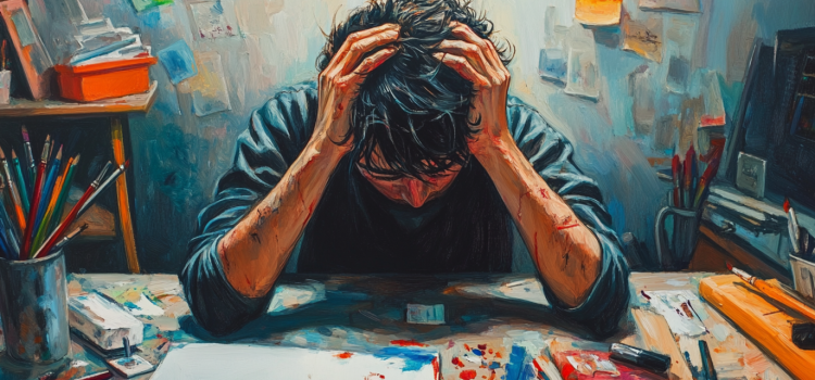 How to Navigate Creative Success and Cope With Failure Ein gestresster Künstler, der sich mit dem Kopf in den Händen auf seinen Maltisch stützt, weil kreativer Erfolg stressig ist
