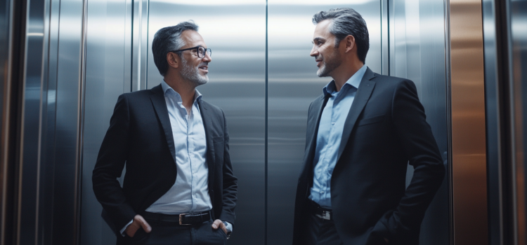 Distilling Data Down to Its Most Basic Form: What Truly Matters Two professional men talking in an elevator illustrate distilling data in a way that communicates the main points succinctly