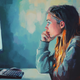 A woman looking at a computer screen, pulled in by internet distractions