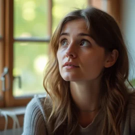 A woman with brown wavy hair looking up in thought with a window behind her illustrates an insight mindset
