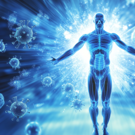 A man with cells floating around him, representing the human immune system