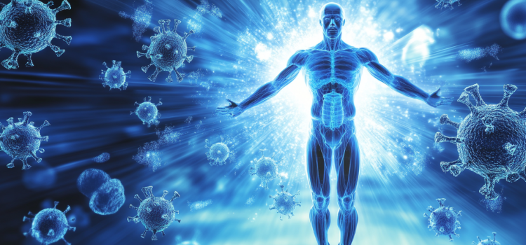 A man with cells floating around him, representing the human immune system