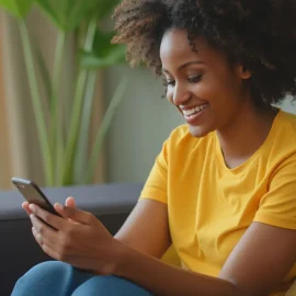 Woman in yellow shirt smiling and looking at her phone
