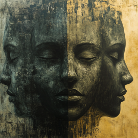 Drawing of a person's head split with one whole and two halves (left and right) illustrates three layers of the mind