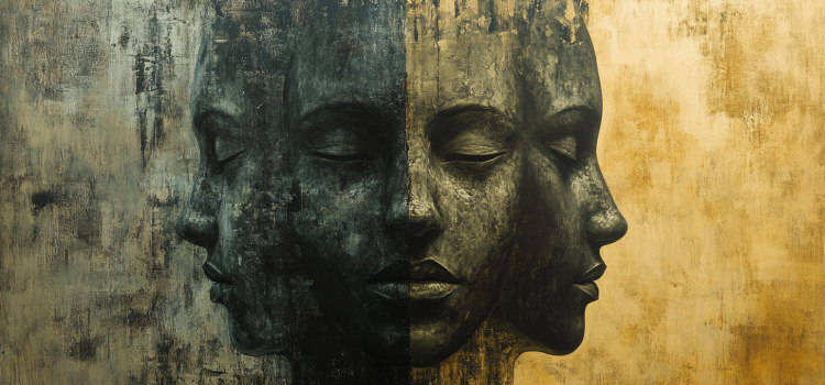 Drawing of a person's head split with one whole and two halves (left and right) illustrates three layers of the mind
