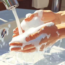 An up close graphic of hands washing with soap in a sink