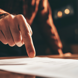 A man's finger pointing at a document on a desk, portraying the importance of writing with purpose