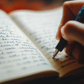 An up close image of a hand holding a pen and writing in a notebook