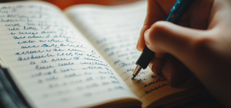 Writing for Busy Readers: Book Overview & Exercises An up close image of a hand holding a pen and writing in a notebook