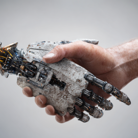 A human hand and a robot AI hand shaking hands