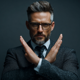 A man in a suit crossing his arms in the shape of an X to signify he is denying something