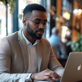 A man practicing effective writing while using his laptop in a cafe