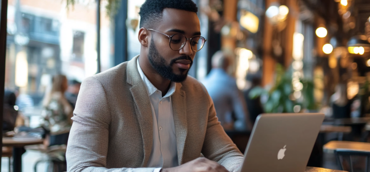 A man practicing effective writing while using his laptop in a cafe