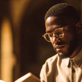 A man with glasses reading a book