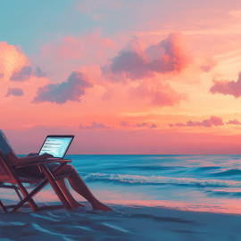 A man using his laptop on a beach, portraying the pros of remote work