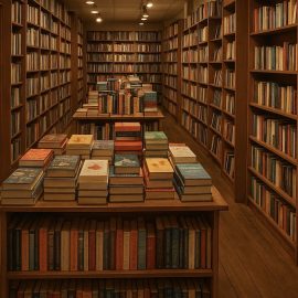Stacks of books on tables and on bookshelves in a book shop