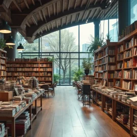 The interior of a book store with a cityscape outside the large windows
