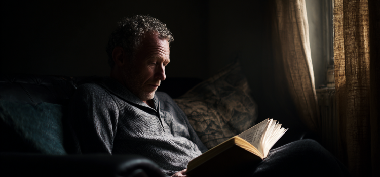 A man reading a book in the dark
