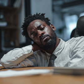 A man at work who looks tired and is resting his head on his hand at his desk