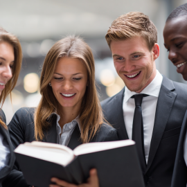 A team of employees reading a book in the workplace