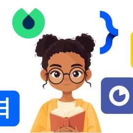A cartoon of a girl holding a book surrounded by book summary app logos