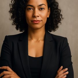 A confident woman with curly dark hair, dark suit jacket, and crossed arms