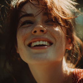 A happy woman smiling outside