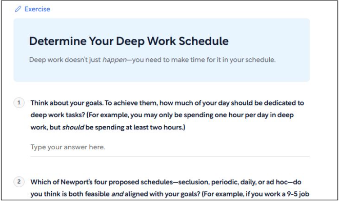 An example of a productivity exercise on Shortform from the Deep Work guide