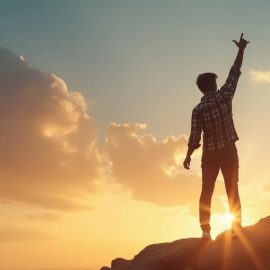 A man on a mountaintop triumphantly raising his arm represents Get It Done: Surprising Lessons From the Science of Motivation