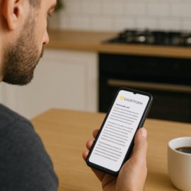 A man sitting at a table with a coffee who is using the Shortform app on his phone