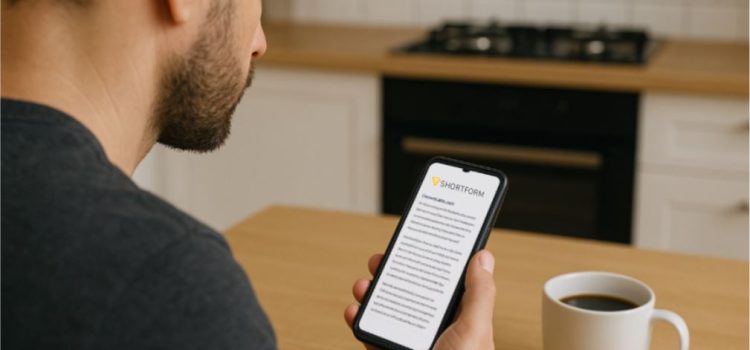 A man sitting at a table with a coffee who is using the Shortform app on his phone