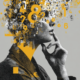 An artistic image of a person thinking while numbers come from their head