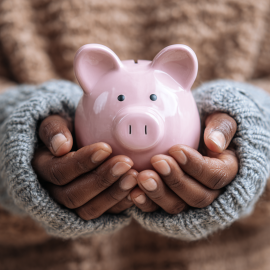 A person in a sweater holding a piggy bank