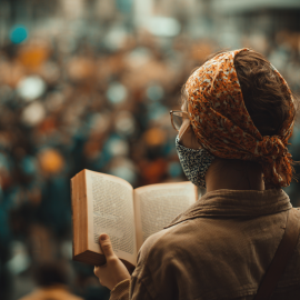 A woman reading a book in front of a crowd of people while wearing a mask