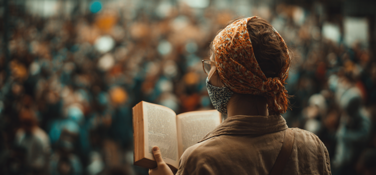 Eine Frau liest ein Buch vor einer Menschenmenge und trägt dabei eine Maske