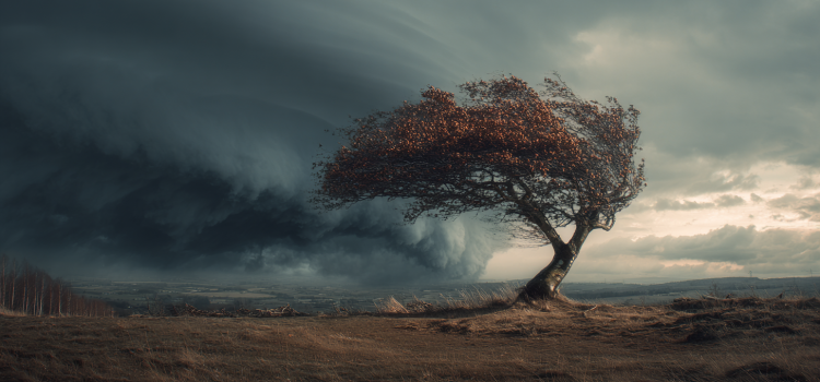 A strong tree blowing against the wind in a storm