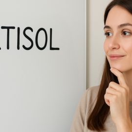A woman with long brown hair and a thoughtful expression looking at a whiteboard that has "CORTISOL" written on it