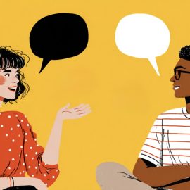 A drawing of a woman and a man with speech bubbles that illustrate they're having a conversation