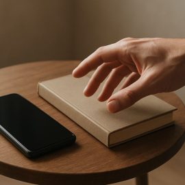 A hand reaching for a phone or a book, trying to kick their bad habits for good habits