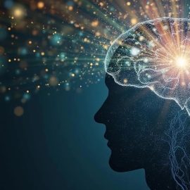 An illustration of a person's brain with colorful light particles emanating from it