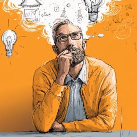 A sketch of a man with eyeglasses and a beard looking up with a thoughtful expression illustrates lateral thinking