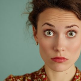 A woman with curly brown hair swooped up and large eyes indicating a surprised look