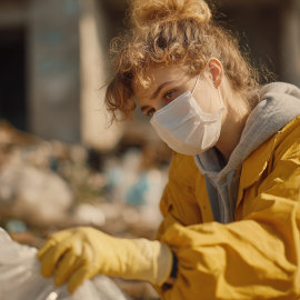 A woman doing volunteer work by cleaning up trash