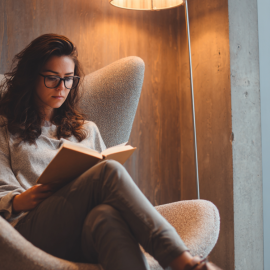 A young woman reading a book while sitting in a chair by a lamp