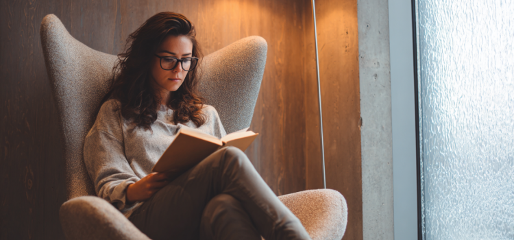 The Tell by Amy Griffin—Book Overview and Takeaways A young woman reading a book while sitting in a chair by a lamp