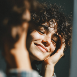 A woman looking at herself in the mirror and smiling
