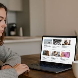 A woman sitting at a dining room table using a laptop to read Shortform Articles