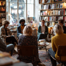 A group of adults sitting in a circle for book club in a book store