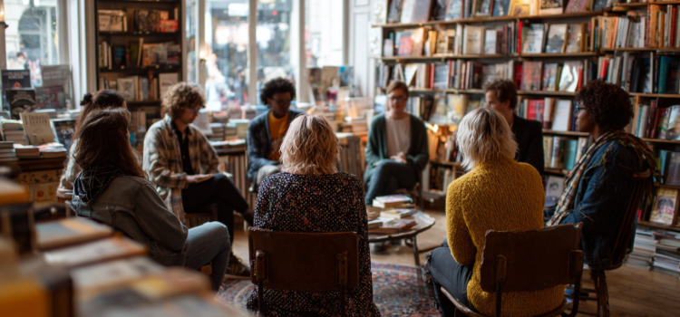 Inner Excellence Book Club Questions & Exercises (Jim Murphy) A group of adults sitting in a circle for book club in a book store