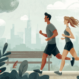 A cartoon image of a man and woman jogging in a park